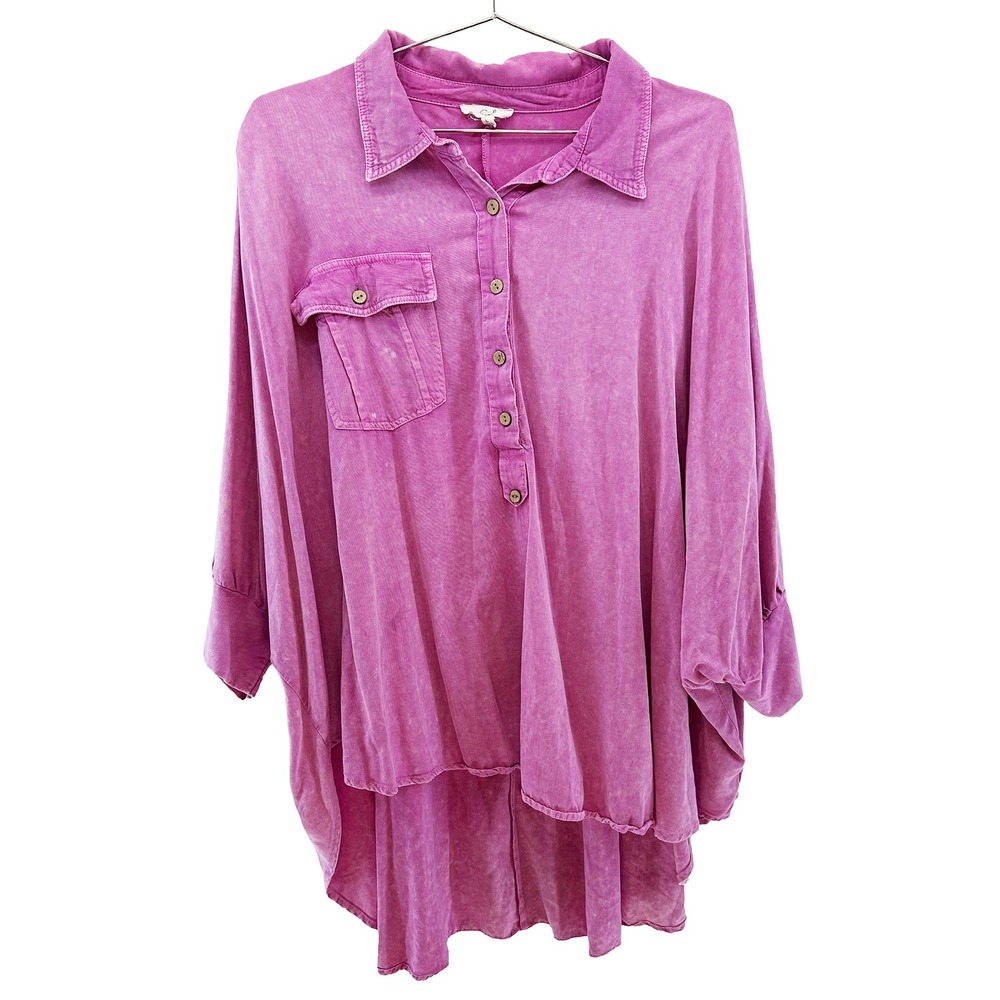 EASEL Slouchy‎ Button Front Dolman Sleeve Oversized Blouse • Large • pink boho